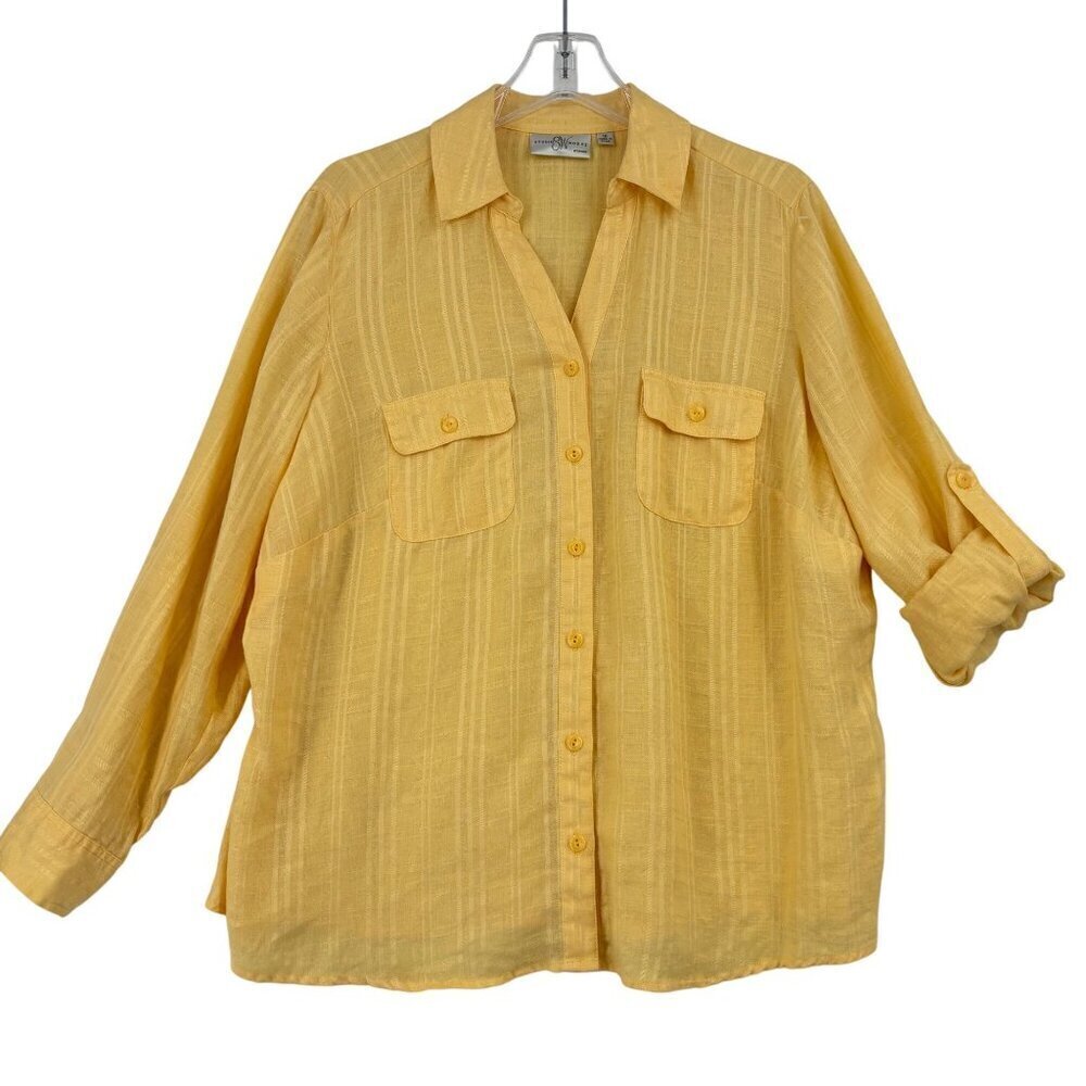 Studio Works 100% Linen Blouse Size 1X Yellow Stripe Button Up‎ Roll Tab Sleeves